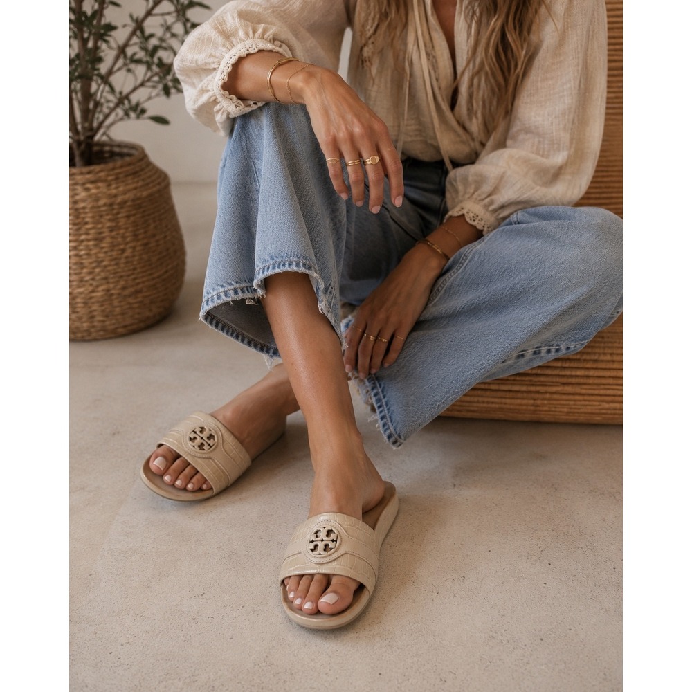 Tory Burch Miller Cloud Cream Croc Embossed Leather Slide Sandals 8M
